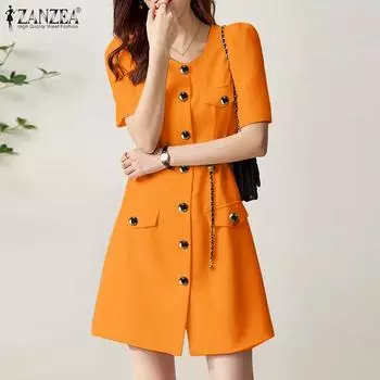 ZANZEA Lady женское летнее однотонное свободное платье с круглым вырезом и короткими рукавами на пуговицах