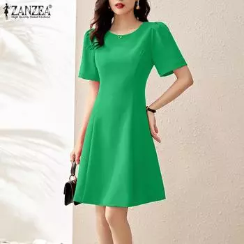 ZANZEA Lady женское летнее однотонное свободное платье с круглым вырезом и короткими рукавами
