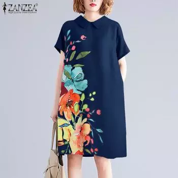 ZANZEA Летнее повседневное платье с кукольным воротником и короткими рукавами с цветочным принтом