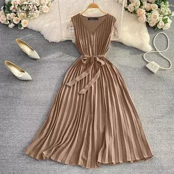 ZANZEA Летнее повседневное плиссированное длинное платье без рукавов с v-образным вырезом