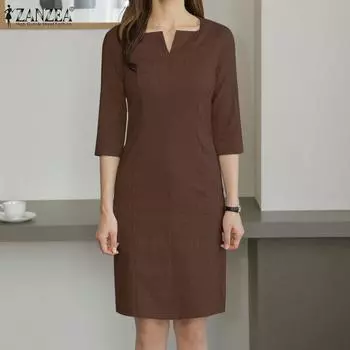 ZANZEA Летнее повседневное свободное хлопковое платье с квадратным вырезом и рукавами 3/4