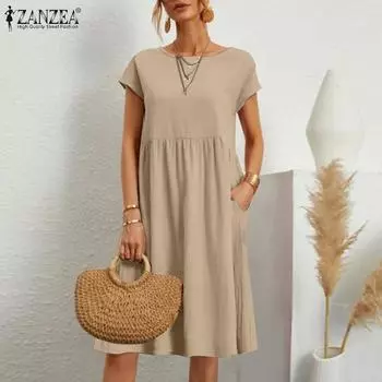 ZANZEA Летнее повседневное свободное хлопковое платье с круглым вырезом и короткими рукавами