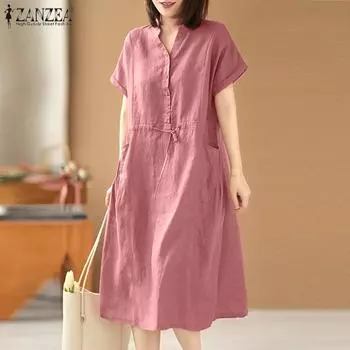 ZANZEA Летнее повседневное свободное хлопковое платье с v-образным вырезом и короткими рукавами