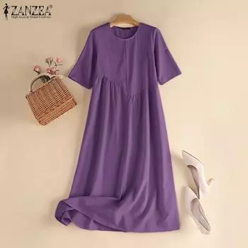ZANZEA Летнее повседневное свободное платье с круглым вырезом и короткими рукавами M фиолетовый