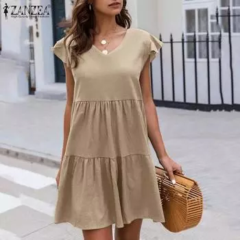 ZANZEA Летнее повседневное свободное женское платье с v-образным вырезом и оборками на рукавах