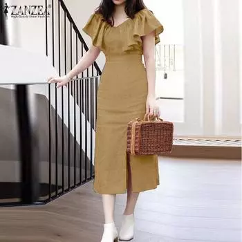 ZANZEA Летнее повседневное тонкое длинное платье без рукавов с оборками и оборками