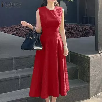 ZANZEA Летнее повседневное женское длинное платье без рукавов с круглым вырезом