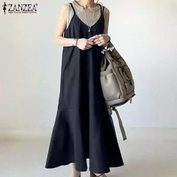 ZANZEA летнее повседневное женское длинное платье без рукавов с оборками и бретельками
