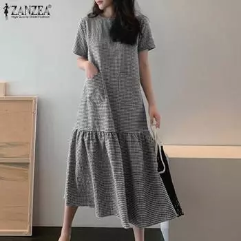 ZANZEA Летнее повседневное женское клетчатое платье с круглым вырезом и короткими рукавами