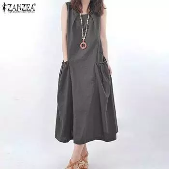 ZANZEA Женское повседневное платье без рукавов с круглым вырезом и карманами XL вино красного