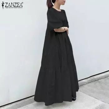 ZANZEA Летнее свободное повседневное женское длинное платье с круглым вырезом и половиной рукава