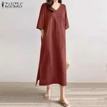 ZANZEA Летнее свободное повседневное женское длинное платье с v-образным вырезом и половиной рукава