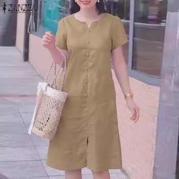 ZANZEA Летнее свободное повседневное женское хлопковое платье с v-образным вырезом и коротким рукавом 5XL фиолетовый