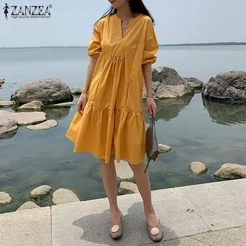 ZANZEA Летнее свободное повседневное женское платье с v-образным вырезом и короткими рукавами