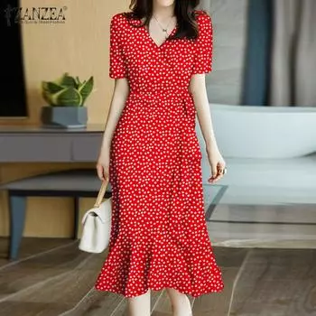 ZANZEA Летнее женское платье-миди с цветочным принтом и короткими рукавами и V-образным вырезом для похудения 5XL чёрный