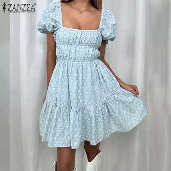 ZANZEA Летнее женское повседневное мини-платье с пышными рукавами и тонкой талией, с цветочным принтом, праздничное, плиссированное XL синий