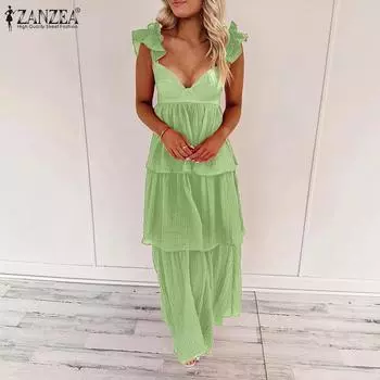 ZANZEA Летнее женское повседневное праздничное плиссированное платье без рукавов с оборками и V-образным вырезом, сарафан S красный