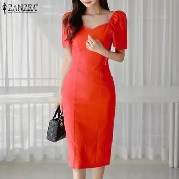 ZANZEA летнее женское пышное платье-миди с коротким рукавом и квадратным воротником для похудения 5XL бежевый