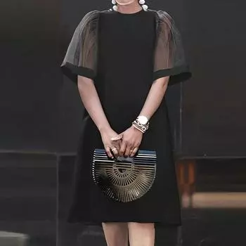 ZANZEA Летнее женское пышное сетчатое лоскутное вечерние повседневное свободное платье с короткими рукавами M чёрный