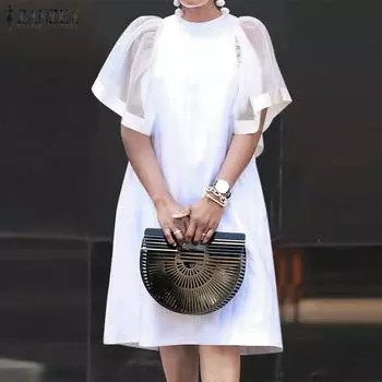 ZANZEA Летнее женское пышное сетчатое лоскутное вечерние повседневное свободное платье с короткими рукавами M чёрный