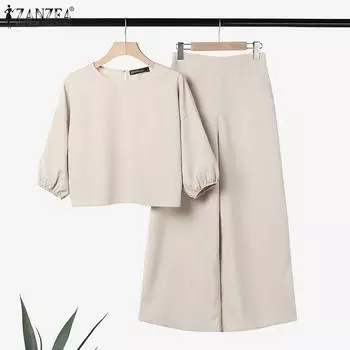 ZANZEA, летние наряды, женская блузка с рукавами 3/4 и широкие брюки, повседневный костюм из двух предметов XL