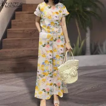 ZANZEA Летние наряды: женские топы и широкие брюки, костюм из двух предметов с цветочным принтом S зелёный