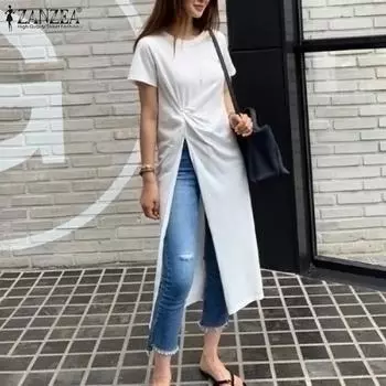 ZANZEA Летние повседневные длинные топы с круглым вырезом и короткими рукавами и боковой вилкой