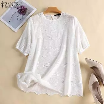 ZANZEA Летние повседневные кружевные вязанные крючком накидки с круглым вырезом и половиной рукавов S
