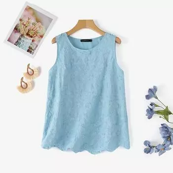 ZANZEA Bohemian Летние повседневные топы без рукавов с круглым вырезом и кружевной вышивкой 5XL белый