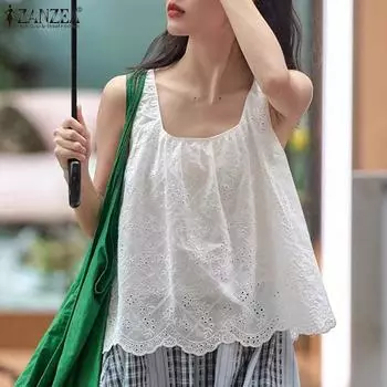 ZANZEA Летние женские хлопковые майки А-силуэта без рукавов с принтом и U-образным вырезом S белый