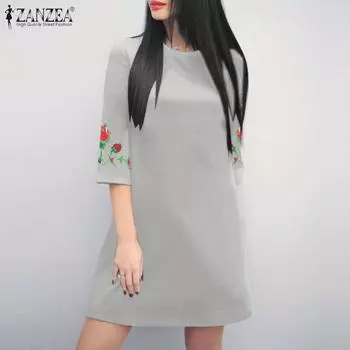 ZANZEA Летние женские платья с круглым вырезом и пятью рукавами с цветочным принтом на талии