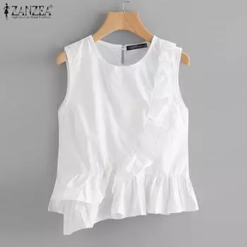 ZANZEA Летние женские повседневные майки с круглым вырезом без рукавов и оборками XL белый