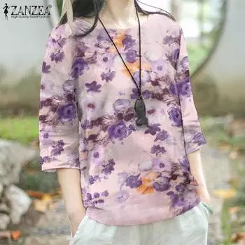 ZANZEA Летние женские праздничные свободные топы с цветочным принтом XL фиолетовый