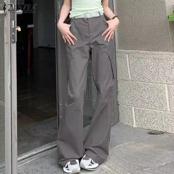 ZANZEA Летние женские свободные рабочие брюки со средней посадкой и карманами M серый