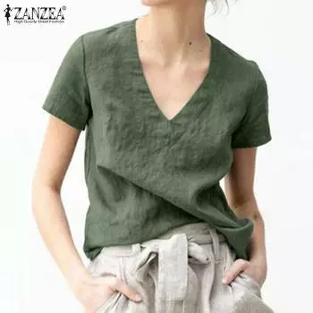 ZANZEA Летняя блузка женская повседневная хлопковая футболка с v-образным вырезом и коротким рукавом