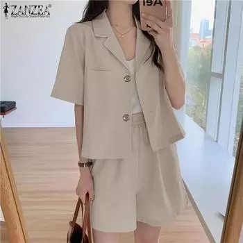 ZANZEA Летняя одежда Женская блузка с коротким рукавом и шорты Повседневный костюм из двух предметов