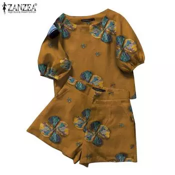 ZANZEA Летняя одежда, женская футболка и шорты, повседневный костюм из двух предметов с цветочным принтом