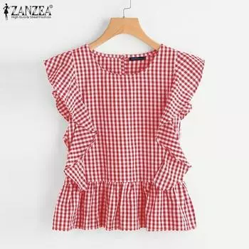 ZANZEA Летняя повседневная блузка без рукавов с оборками и клетчатым принтом S чёрный