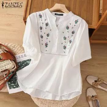 ZANZEA Летняя повседневная блузка с круглым вырезом и коротким рукавом с цветочной вышивкой и топами
