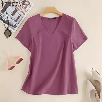 ZANZEA Летняя повседневная хлопковая футболка с v-образным вырезом и короткими рукавами