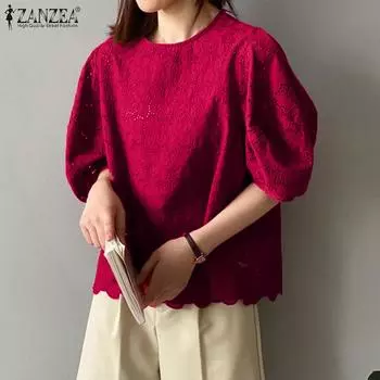 ZANZEA Летняя повседневная кружевная блузка крючком с круглым вырезом и короткими рукавами Топы