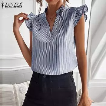 ZANZEA Летняя повседневная свободная блузка в полоску без рукавов с v-образным вырезом 3XL синий