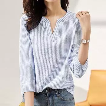 ZANZEA Летняя повседневная женская блузка в полоску с v-образным вырезом и рукавами 3/4 4XL темно-синий