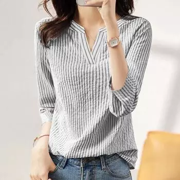 ZANZEA Летняя повседневная женская блузка в полоску с v-образным вырезом и рукавами 3/4 3XL