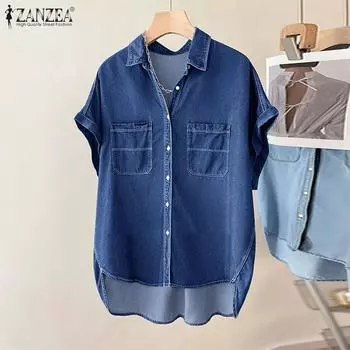 ZANZEA Летняя повседневная женская джинсовая блузка с отложным воротником и короткими рукавами S темно-синий