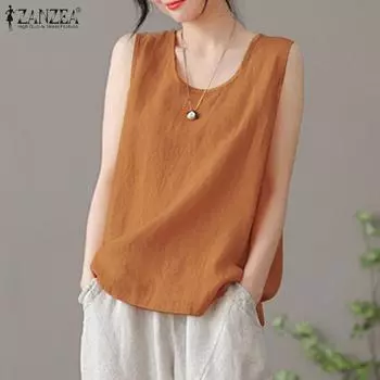 ZANZEA Летняя повседневная женская хлопковая майка без рукавов с круглым вырезом S жёлтый