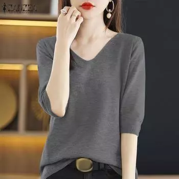 ZANZEA Летняя свободная повседневная блузка с U-образным вырезом и короткими рукавами, топы, женская одежда S чёрный