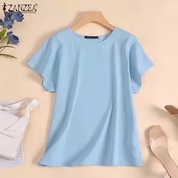 ZANZEA Летняя свободная повседневная женская футболка с коротким рукавом и круглым вырезом