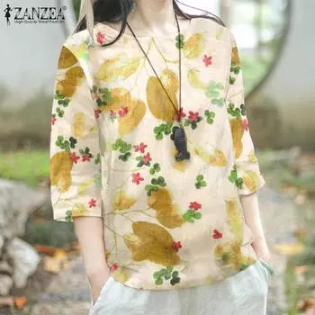 ZANZEA Летняя женская блузка с цветочным принтом, топы с круглым вырезом и рукавами 3/4 2XL темно-синий