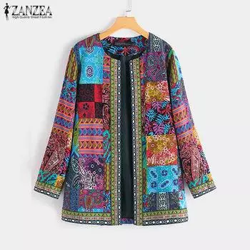 ZANZEA M-5XL Этнический женский открытый передний кардиган Повседневная свободная верхняя одежда с цветочным принтом Куртка Пальто